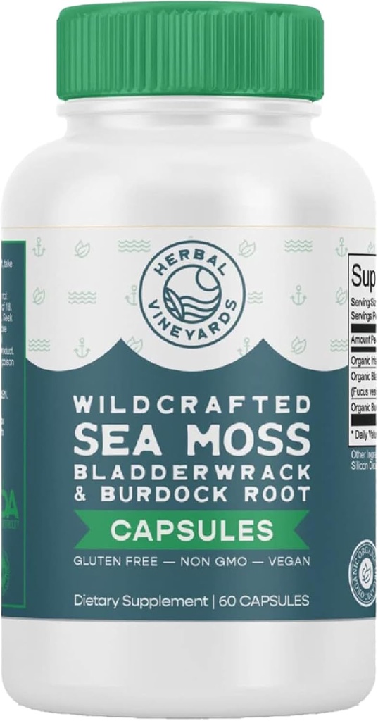 Herbal Vinyards Organic Wildcrafted Vegetabilsk 60 Capsules Measures 124; 1500MG Measures 124; Pack af 1 Measures 124; Irish Sea Moss, Bladderwrack og Burdock Root, Immunstøtte, Sund Hud & Energi Measures 124; Kraftfuld Immunitet Booster