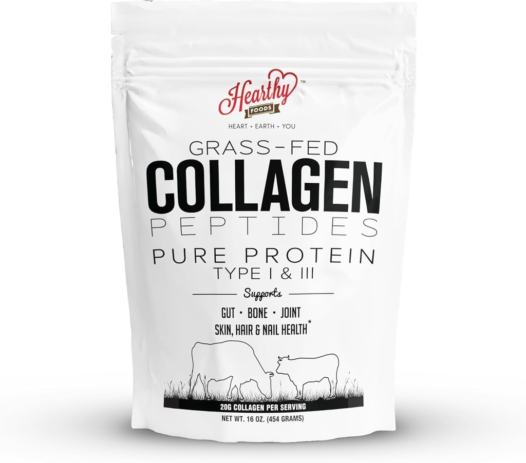 HEARTHY Food Collagen Powder - 18g Protein - Pure Halal Collagen Peptider Græs Fed Organic Hydrolyzed Powder - 124; Type I og III Uaromatiseret Keto Friendly Gluten Free No Sugar Non GMO 16 Oz