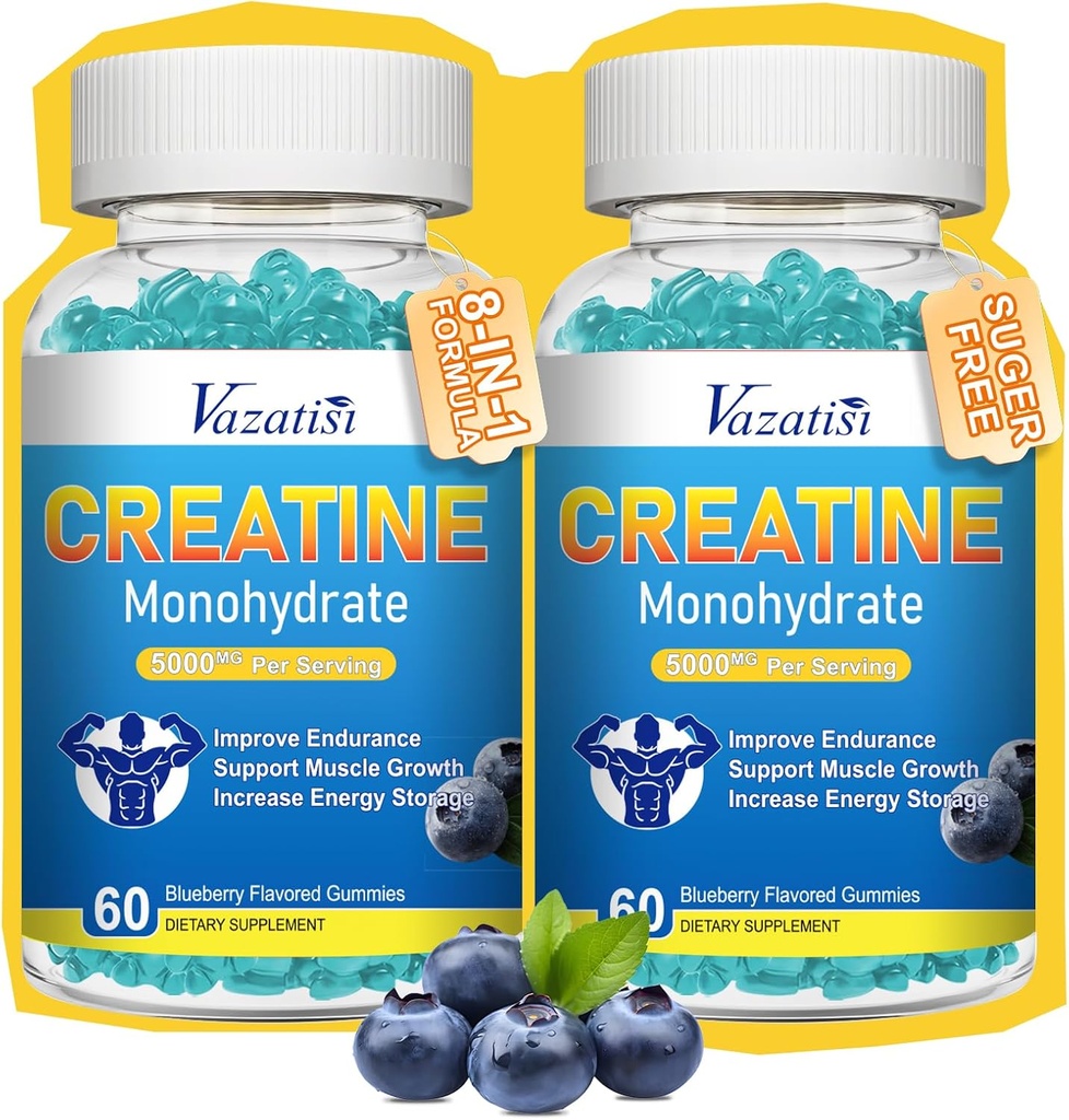 2 Pack Creatin Monohydrat Gummies for kvinder & mænd, Sukker Free Vegan Creatin Supplement for Build Muskler, Øge energi & Styrke, Blåbær Flavor, 120 Greve