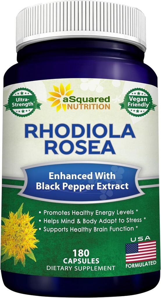aSquared Nutrition Rhodiola Rosea Max Strength with Black Pepper Supplement - 180 Kapsler - Max Absorption Powder Pills - Golden Root Herb for Stress Relief, Mood, Pure Focus & Energy - 500mg Per Cap