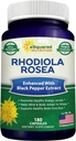 aSquared Nutrition Rhodiola Rosea Max Strength with Black Pepper Supplement - 180 Kapsler - Max Absorption Powder Pills - Golden Root Herb for Stress Relief, Mood, Pure Focus & Energy - 500mg Per Cap