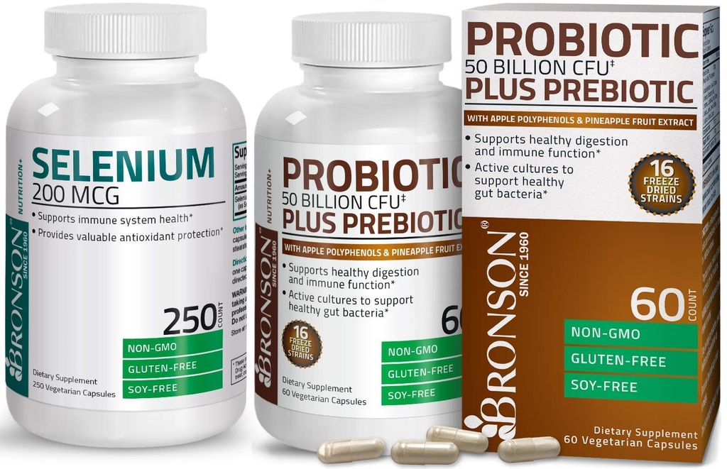 Bronson Probiotic 50 Millioner CFU + Prebiotic med Apple Polyphenoler & Ananas frugt ekstrakt + Selenium 200 Mcg for immunsystem, Thyroid, Prostata og hjerte sundhed