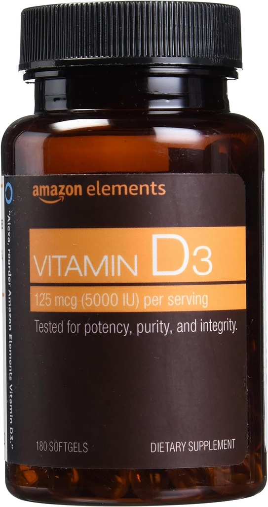 Elementer Vitamin D3, 5000 IE, 180 Softgels, 6 måneders forsyning