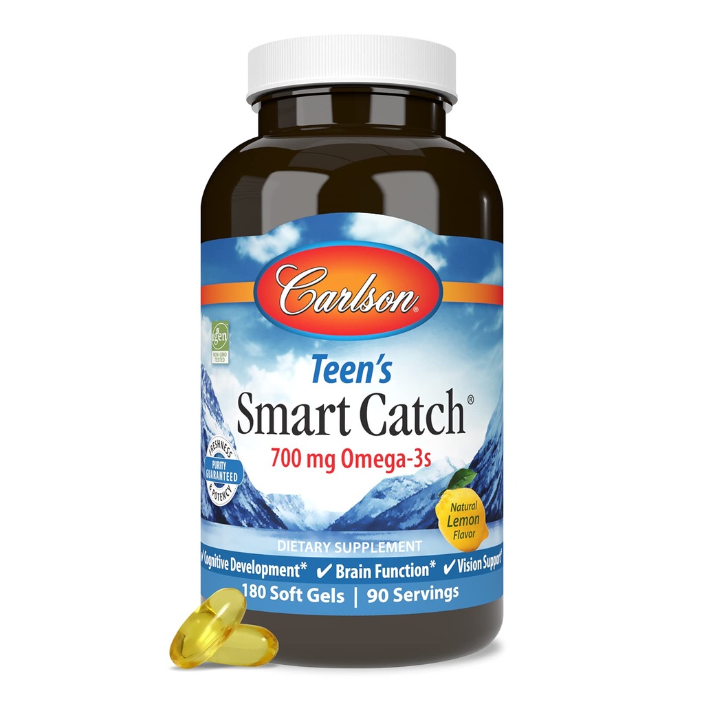Carlson - Teens Smart Catch, 700 mg Omega- 3s, Cognitiv Development, Brain Function & Vision Support, Lemon, 180 Softgels