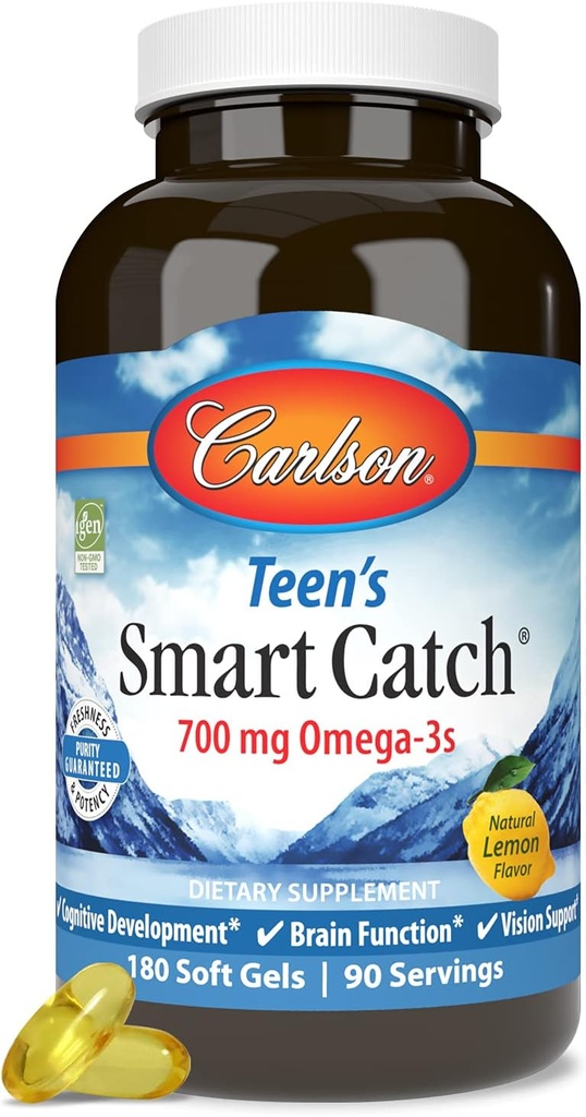 Carlson - Teens Smart Catch, 700 mg Omega- 3s, Cognitiv Development, Brain Function & Vision Support, Lemon, 180 Softgels