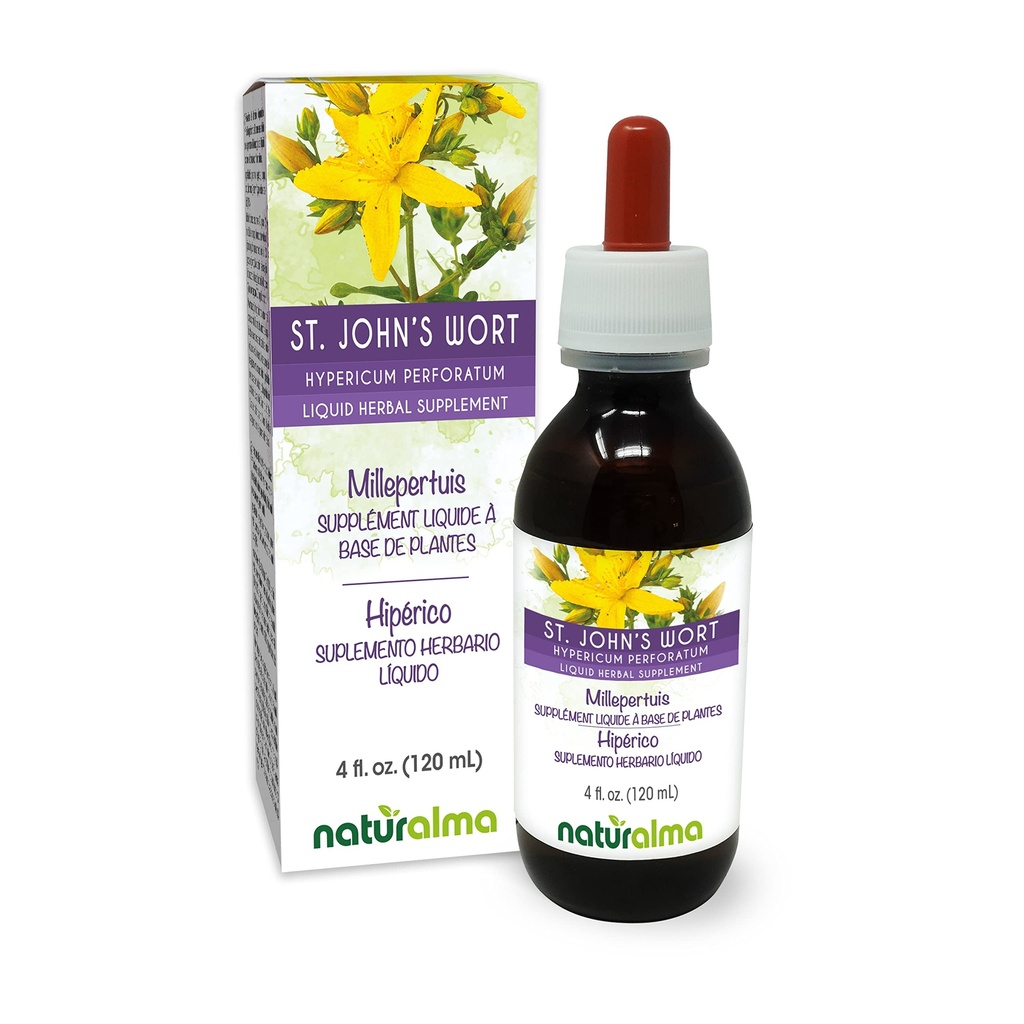 Naturalma St. John 's Wort (Hypericum perforatum) urt med blomster Alkohol- Gratis tinktur - 4 fl oz flydende ekstrakt i dråber - Urtetilskud - Vegan
