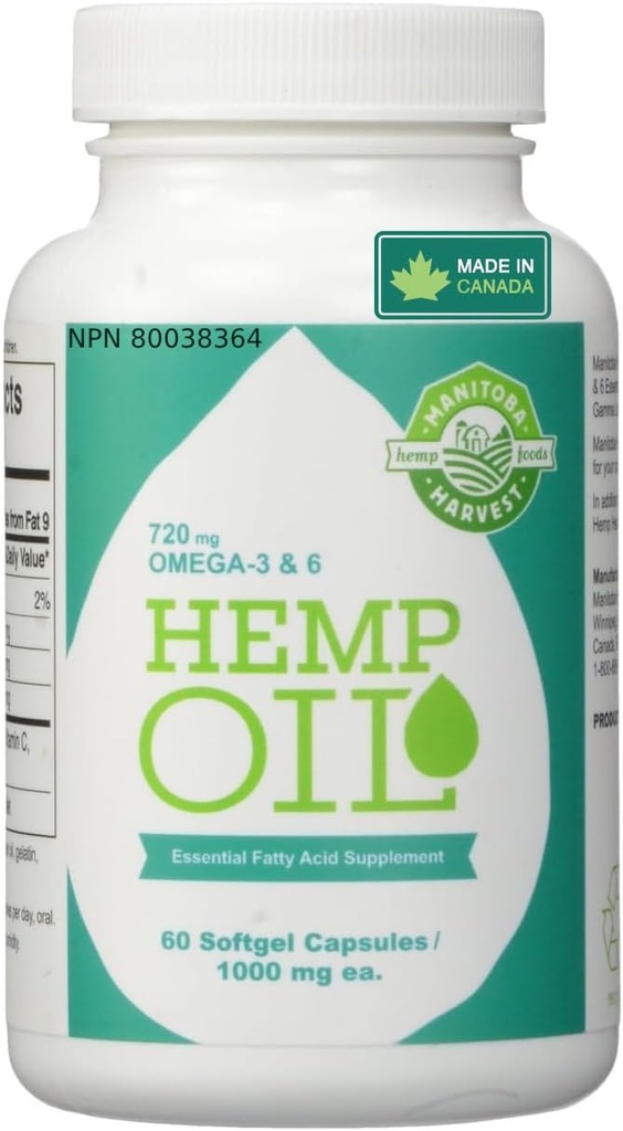Manitoba Harvest Hampp Seed Oil Softgel, 2,475mg Plant Based Omegas 3,6 & 9 per portion, herunder GLA, Fish Oil Alternative, 60ct (pakke med 12)