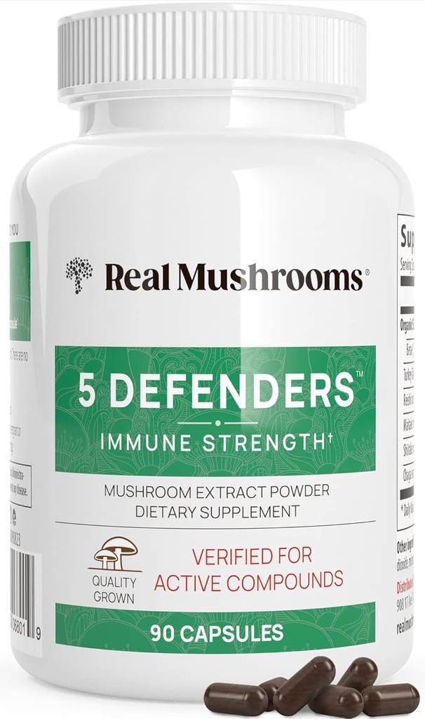 Real Mushrooms 5 Defenders - Adaptogene svampe Kompleks med Chaga, Reishi, Tyrkiet Tail, Maitake & Shiitake for Wellness Support - Mushroom Beta Glucan Kapsler - 90 Greve
