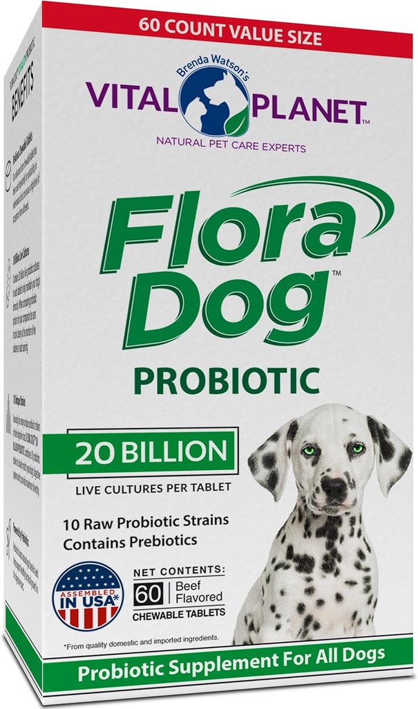 Vital Planet - Flora Hund Probiotiske Chewable Tablets Supplement med 20 Millioner kulturer og 10 Stammer, Høj Potency Immunitet og fordøjelsesstøtte Probiotika til hunde, 60 Beef Flavored Chewable Tablets