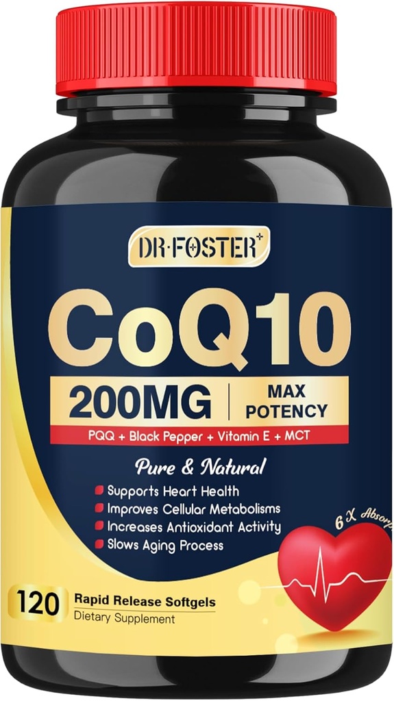 DRFOSTER Coq10 200mg, Coenzym Q10 for Antioxidant & Energy Production, 6X Højere Absorption Cq10 med E-vitamin & PQQ & Black Pepper Extract, Co q 10 Supplement 120 Servere