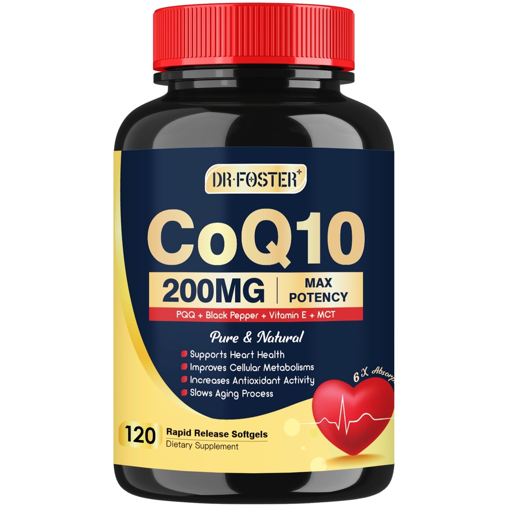DRFOSTER Coq10 200mg, Coenzym Q10 for Antioxidant & Energy Production, 6X Højere Absorption Cq10 med vitamin E & PQQ & Black Pepper Extract, Co q 10 Supplement 120 Servere