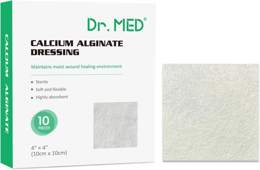 Dr. Med Calcium Alginate Sår Klædning 4 "x4", 10 Individuel Pack Høj Absorption Klædning Gauze, Non- Stick Pads, Soft og Komfortabel Patch for Sår Care, Hurtigere Healing