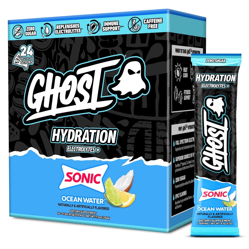 GHOST Hydration Pakninger, Sonic Ocean Water, 24 sticks, Electrolyte Powder - Drik mix supplement med magnesium, kalium, calcium, C-vitamin - Vegan, fri for soja, sukker og gluten