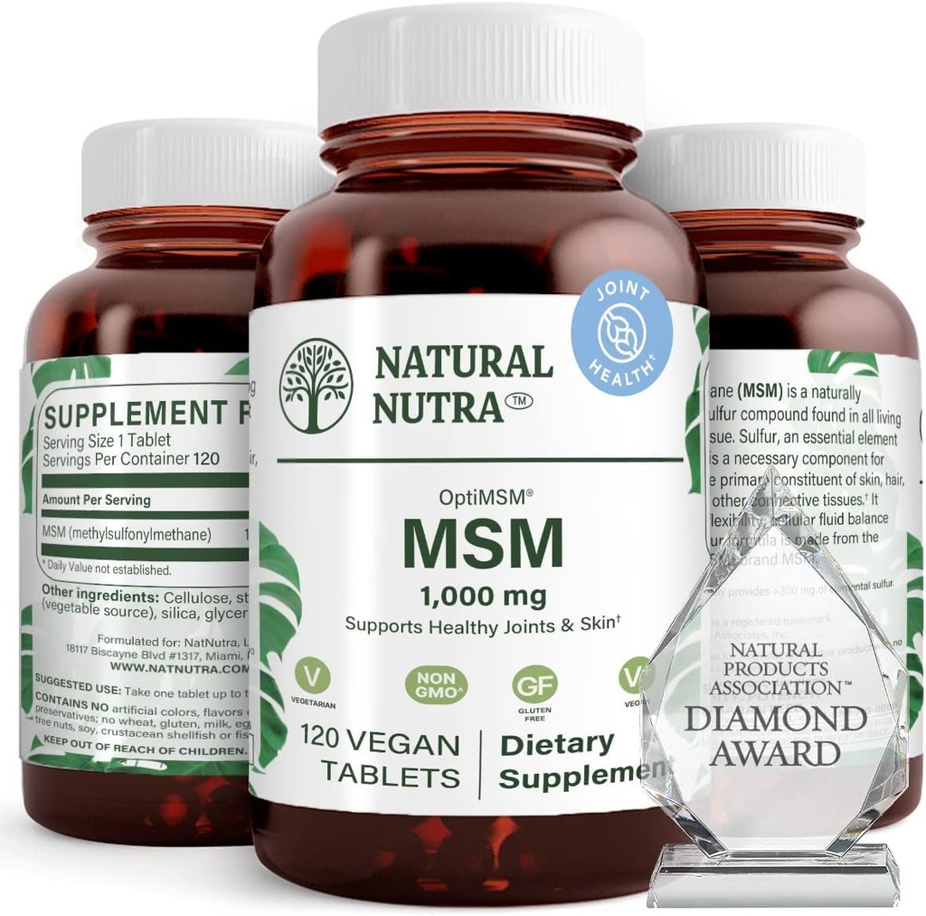 Naturlig Nutra OptiMSM, MSM tillæg med svovl, Forhindre tynding hår, Øge fælles fleksibilitet og ben sundhed, brusk sundhed, Hjælper understøtter fluid balance, 1000 mg, (120) Vegan tabletter