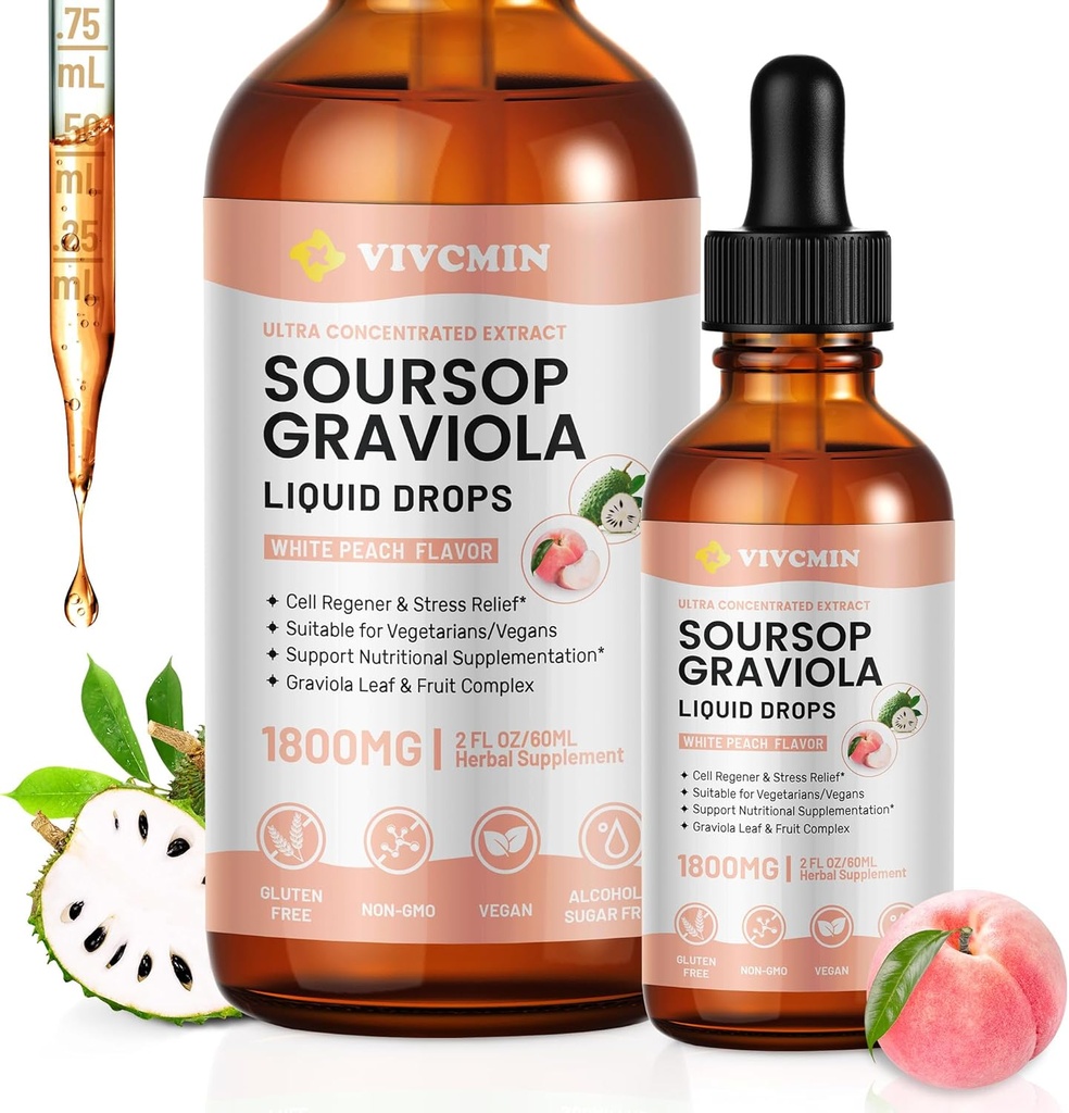 Graviola Soursop Leaf Extract Liquid - Soursop Bitters Liquid, Support Immunation, Slap af, Lever og søvn, Sukker & Alkohol- Gratis, Højt Absorberbare Formel, Hvid Peach Flavor, 2 Fl Oz