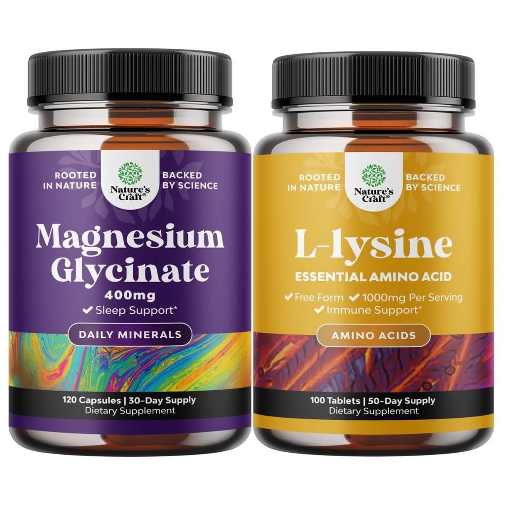Bundle af Magnesium Glycinat kapsler til kvinder & mænd for mad og afspænding og L- lysin essentielle aminosyrer til øje sundhed Lip Care Bone Support immunsystemet støtte muskelvækst