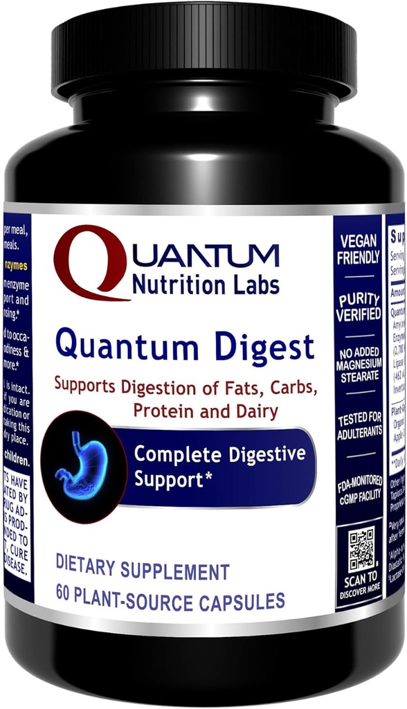 Quantum Nutrition Labs Quantum Digest - Digestive Health Enzymes for kvinder og mænd, fordøjelsesstøtte til Gut Health, Fuldt aktive Vegan Enzyme piller - 60 Vegetariske kapsler