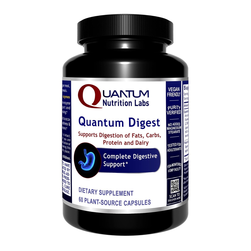 Quantum Nutrition Labs Quantum Digest - Digestive Health Enzymes for kvinder og mænd, fordøjelsesstøtte til Gut Health, Fuldt aktive Vegan Enzyme piller - 60 Vegetariske kapsler