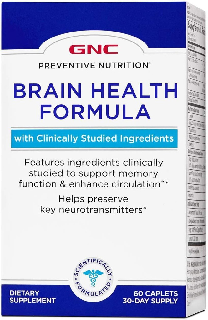 GNC Preventive Nutrition Brain Health Formula, 60 Caplets, Supports Memory Function and Enhances Circulation