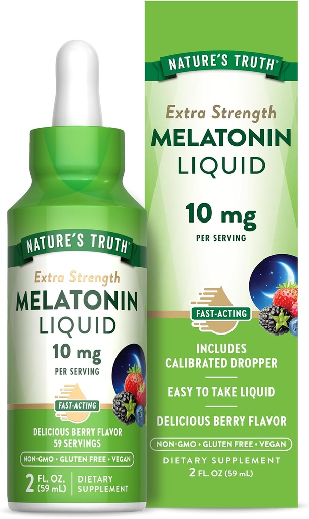 Nature 's Truth Melatonin Flydende • 124; 10 mg • 124; 2 Fl oz Maksimal styrke for voksne • 124; Berry Flavor • 124; Vegan, Non- GMO & Gluten Free Supplement