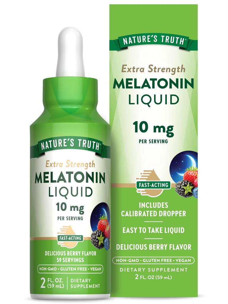 Nature 's Truth Melatonin Flydende • 124; 10 mg • 124; 2 Fl oz Maksimal styrke for voksne • 124; Berry Flavor • 124; Vegan, Non- GMO & Gluten Free Supplement