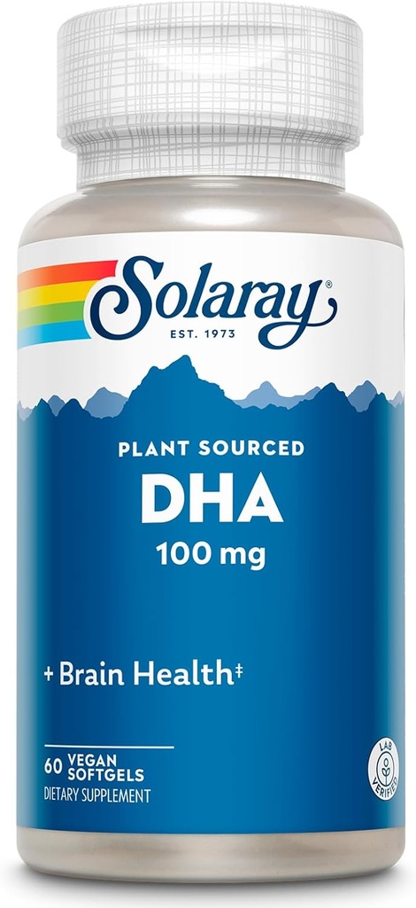 SOLARAY DHA Kosttilskud 100 mg - D H A Omega 3 Fedtsyrer til wellness support, Prenatal DHA Omega 3 Supplement - Plant Sourced from Algae Oil - 60- Day Garanti, 60 Servering, 60 Vegansk Softgels