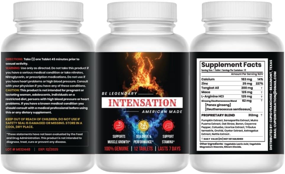 INTENSATION - Mandlige tillæg - Al naturlig Stamina support - Sidste Længere - Øg størrelse, Styrke & Stamina - Forbedre energiniveau - Optimer Vitality - 12 tabletter
