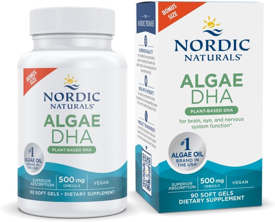 Nordic Naturals Algae DHA - 90 Soft Gels - 500 mg Omega-3 DHA - Certificeret Vegan Algae Oil - Plantbaseret DHA - Brain, Eye & Nervesystemet support - non-GMO - 45 Serveringer