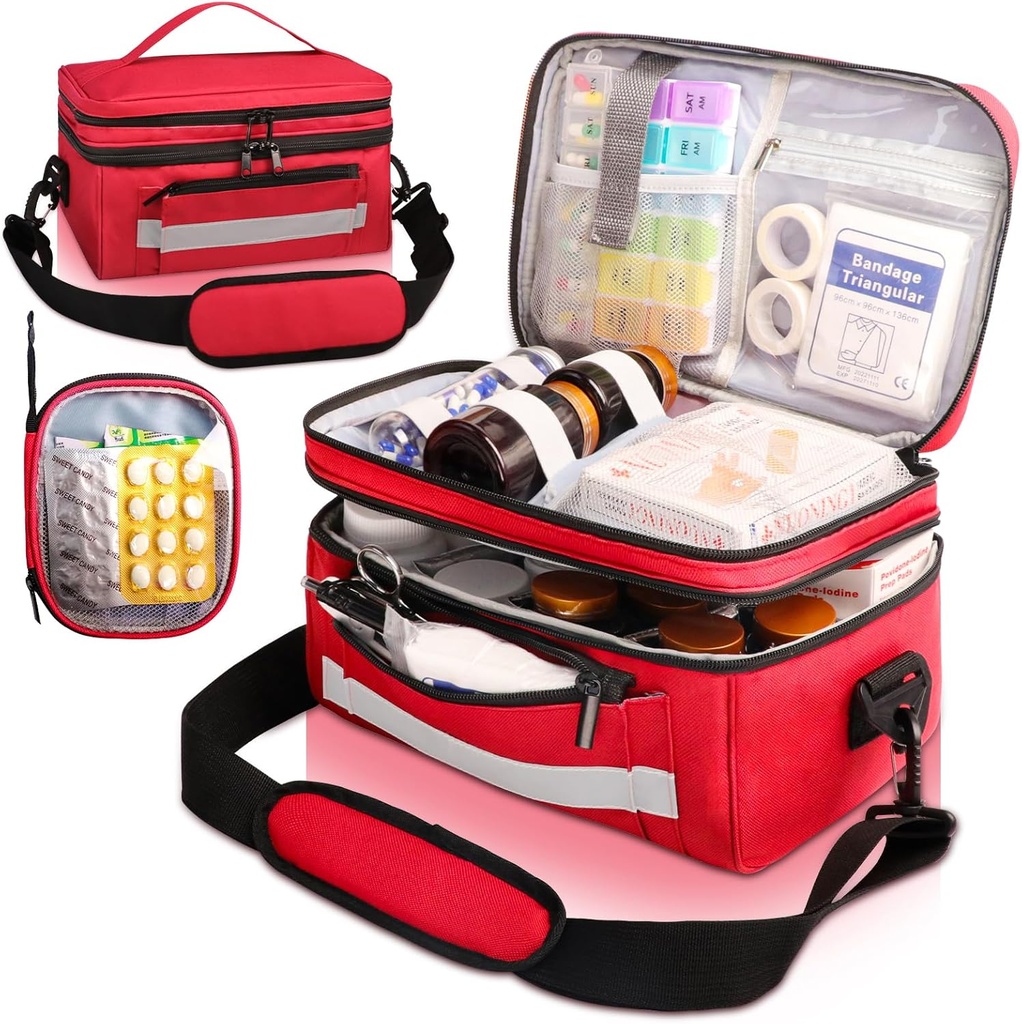 Medicine Bag til Rejser med Bærbar Lille Pouch, Double Layer Pill Flaske Organizer Opbevaring med Isolering Lining, Medicin Rejsebæretaske med skulderrem Rød (Kun taske)