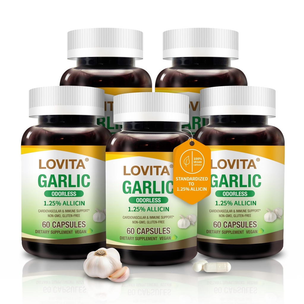 Lovita Odorless hvidløg kapsler, 5000mg Frisk hvidløg Ækvivalent, 1,25% Allicin ekstrakt, Understøtter hjerte, blodtryk, Cholesterol & immunsystem, Non- GMO, Gluten- Free, 300 Vegan kapsler