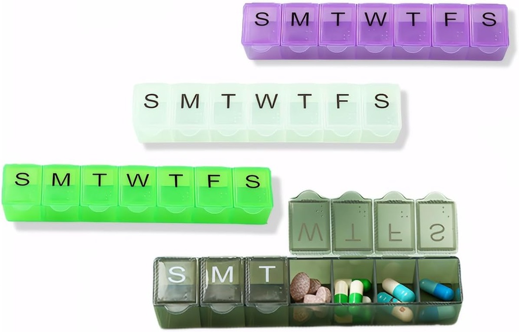 4 Pack Weekly (7-dag) Pill Organizer, 7 dages Pill Case Rejser Daily Pill Box Portable Medicine Organizer og Planner med Segment for Vitamin, Fish Oil, Kosttilskud og Medicin (4 Farver)