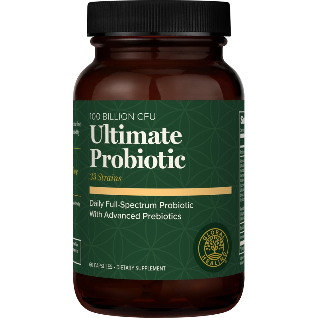 Global Healing Ultimate Probiotic Blend Supplement med Prebiotika og Probiotika til fordøjelsessygdomme, fordøjelsesbesvær, & immunsystem, Gut Sundhed for mænd og kvinder, 100 milliarder CFU (60 kapsler)