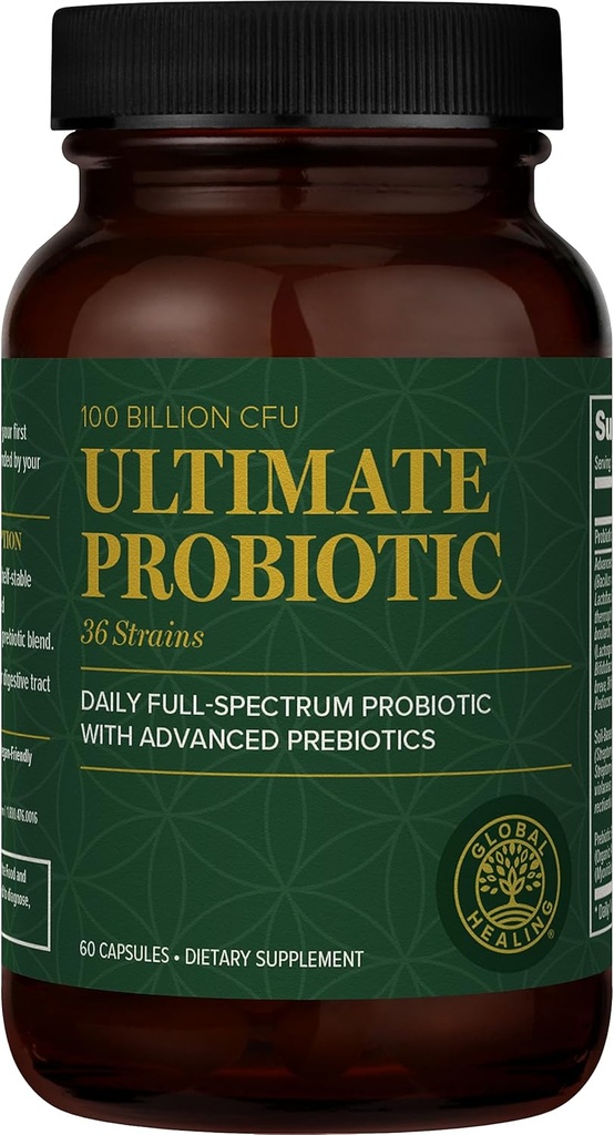 Global Healing Ultimate Probiotic Blend Supplement med Prebiotika og Probiotika til fordøjelsessygdomme, fordøjelsesbesvær, & immunsystem, Gut Sundhed for mænd og kvinder, 100 milliarder CFU (60 kapsler)