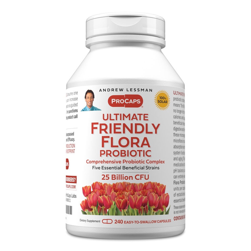 ANDREW LESSMAN Ultimate Friendly Flora Probiotic 240 Kapsler - 25 milliarder CFU, Omfattende blend af fem Probiotiske Strops, Kraftig Immun og fordøjelsesstøtte. Probiotika til kvinder eller mænd