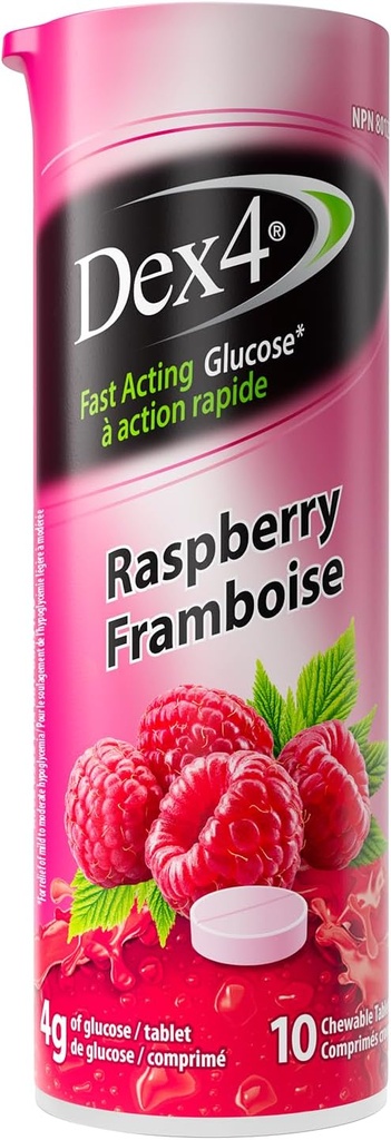 Dex4 Glucose tabletter, Hindbær, 12- pakke Dex4 rør, 10 tabletter i hver rør, Hver tablet indeholder 4g af Fast- Active Carbs