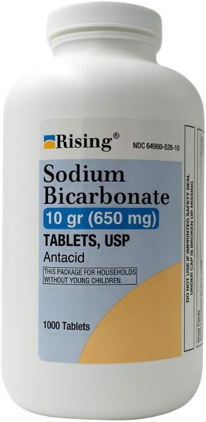 Rising Pharma - Natrium Bicarbonat 650mg - Antacida Anvendes til syre fordøjelsesbesvær, Heartburn, Sour Mavesæk - 1000 Tabletter