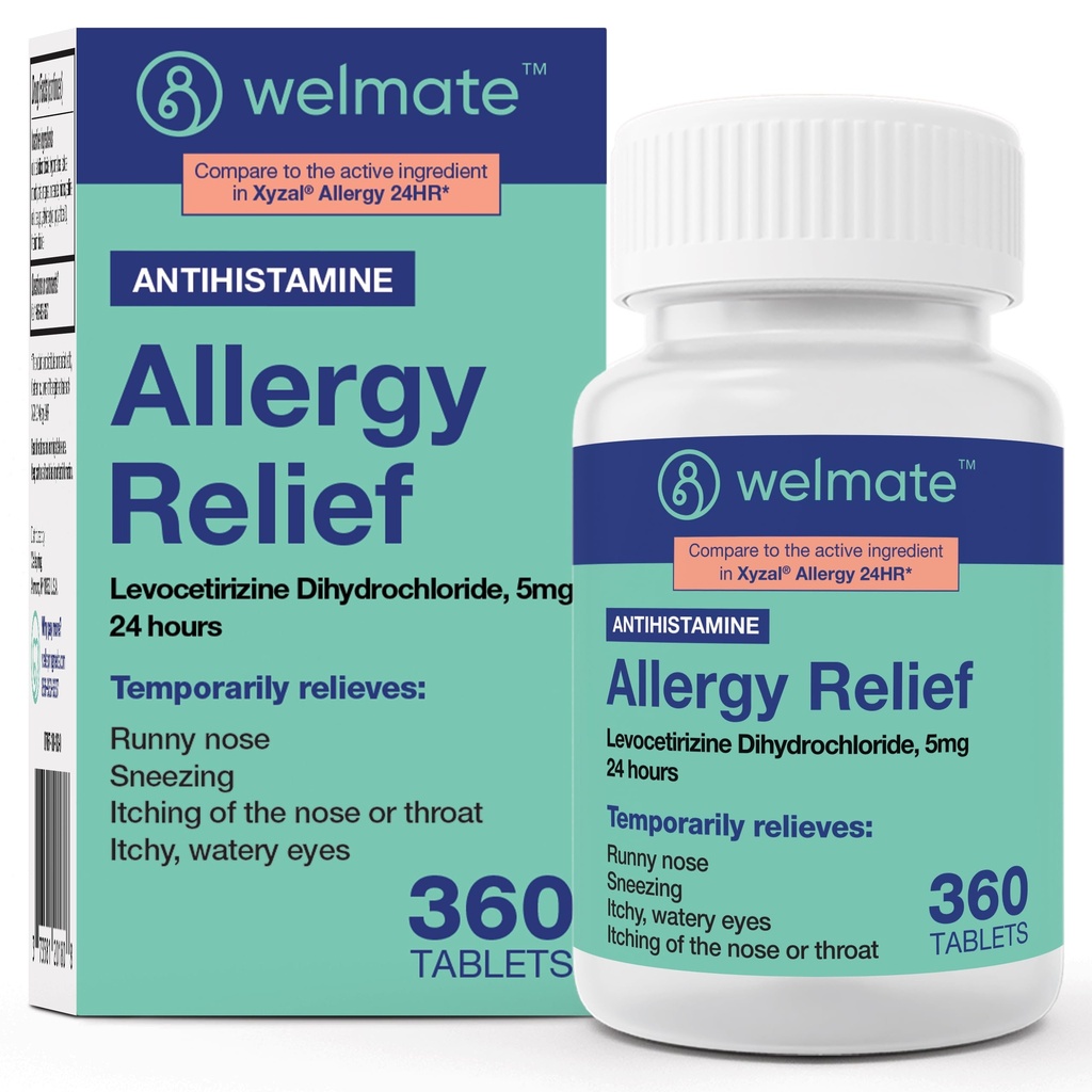 WELMATE - Levoctirizine Dihydrochlorid 5mg (360 ct) - Non Drowsy Allergy Medicine - 24 timer - Antihistamin - Generisk Allergi piller - Over- The- Counter Medication