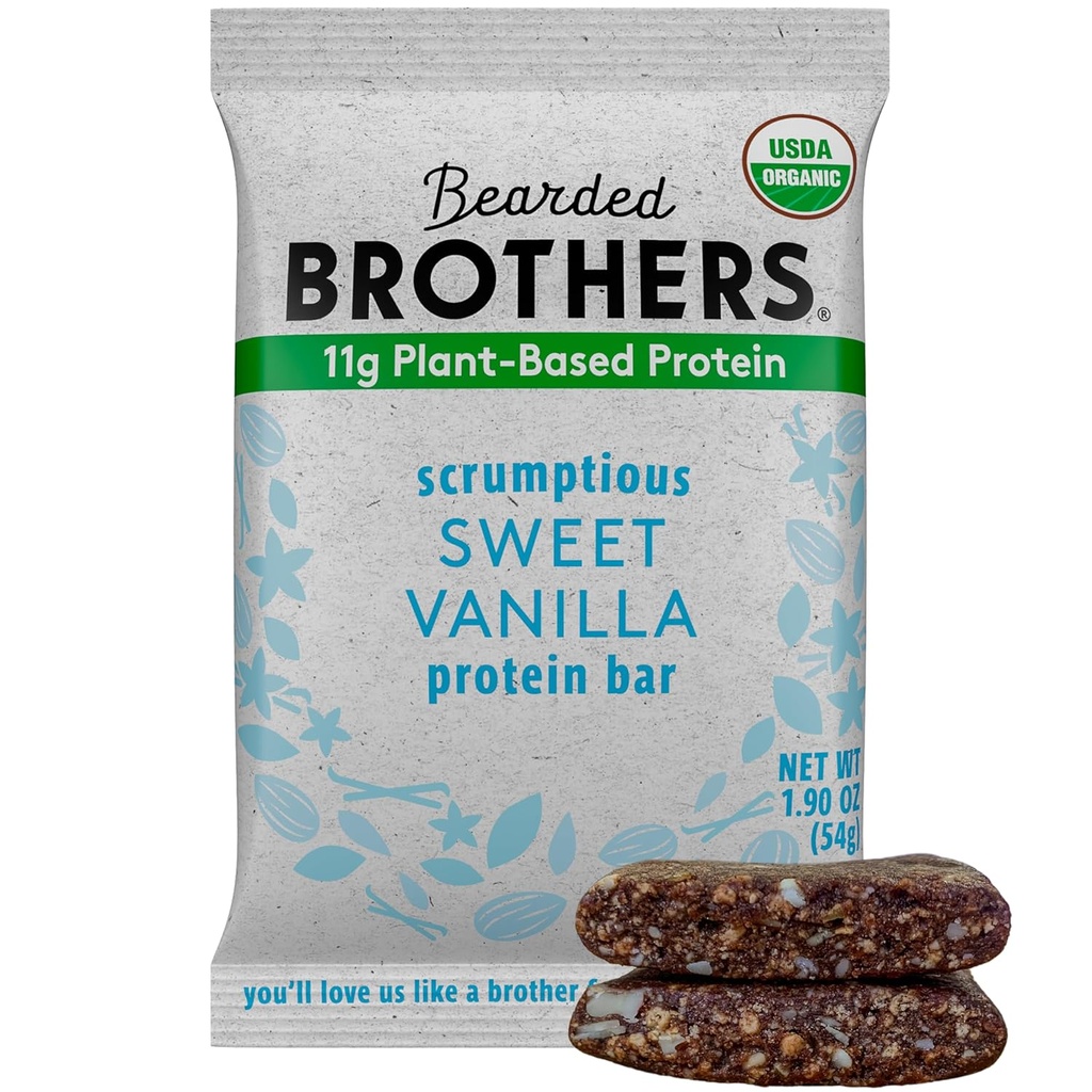 Bearded Brothers Organic Protein Bars, Vanilla (10 Pack) - 11g Plant Based Protein Gluten Free Vegan, Non- GMO sunde snacks for voksne God kilde til fibre