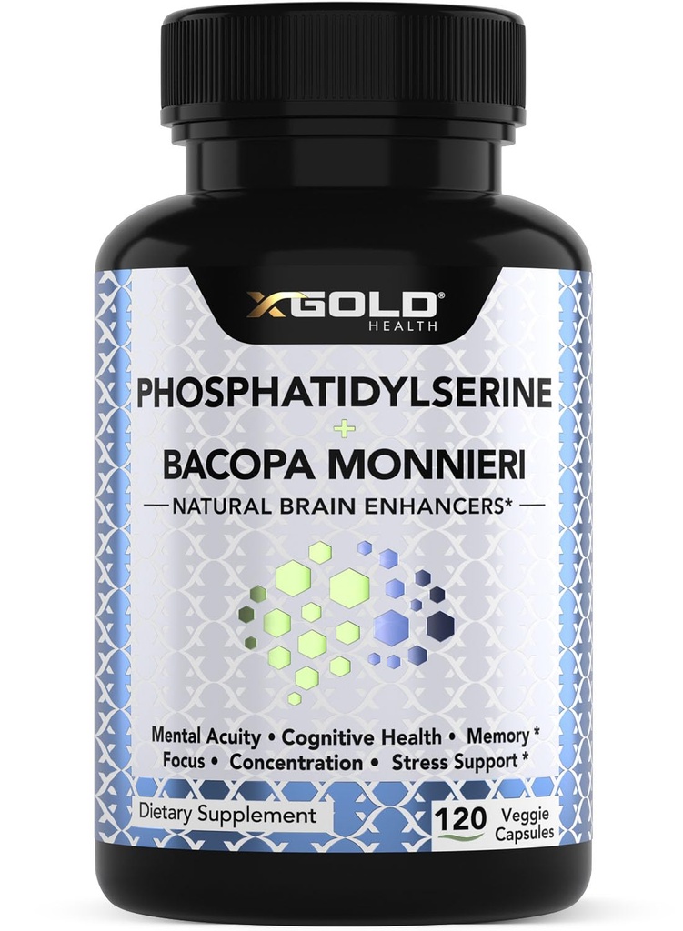PhosphatidylSerine & Bacopa Monnieri 800 mg 2 i 1 tillæg - Natural Brain Enhancer / Nootrope for Enhanced Focus and Concentration, Memory Support, & Kognitiv funktion - 120 Vegetariske kapsler