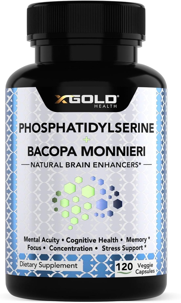 PhosphatidylSerine & Bacopa Monnieri 800 mg 2 i 1 tillæg - Natural Brain Enhancer / Nootrope for Enhanced Focus and Concentration, Memory Support, & Kognitiv funktion - 120 Vegetariske kapsler