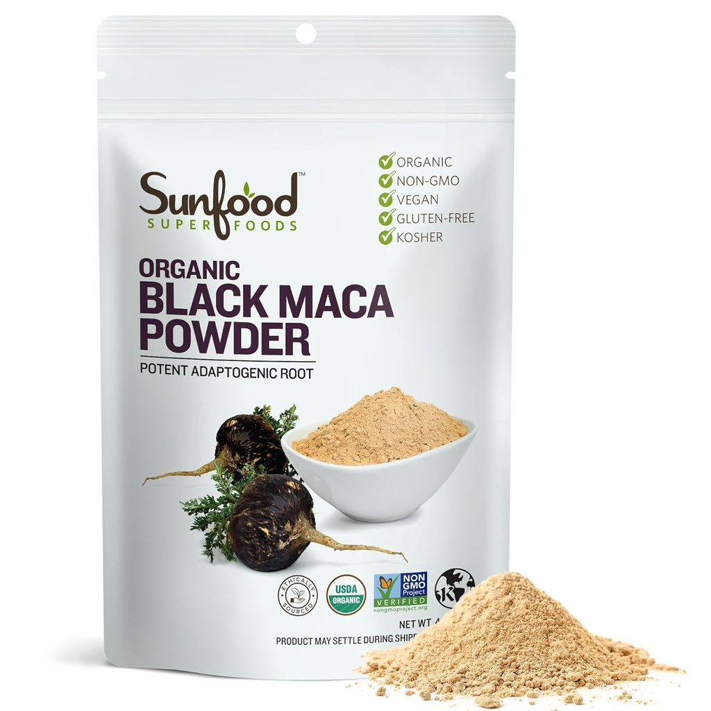 Sunfoods Organic Black Maca Powder - Black Maca Root Powder, Black Maca Root til mænd og kvinder, Peruvian, Raw, Vegan, Premium Black Maca Powder - 4 oz Bag