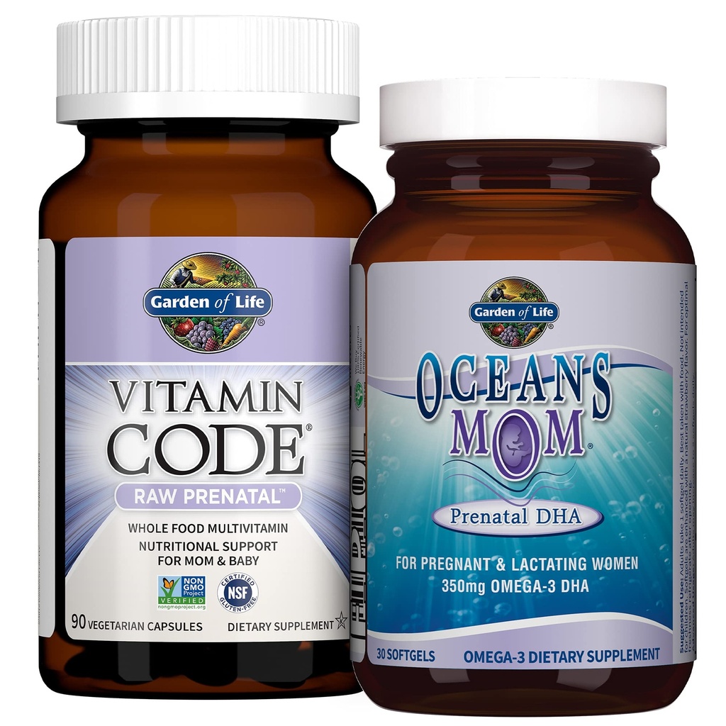 Have af liv Prenatal Multi + DHA Bundle: Vitamin Code Raw Prenatal Multivitamin med folat, 90 Vegetariske Kapsler Plus Oceans mor DHA Når dagligt, 350mg DHA Fish Oil, 30 Strawberry Softels