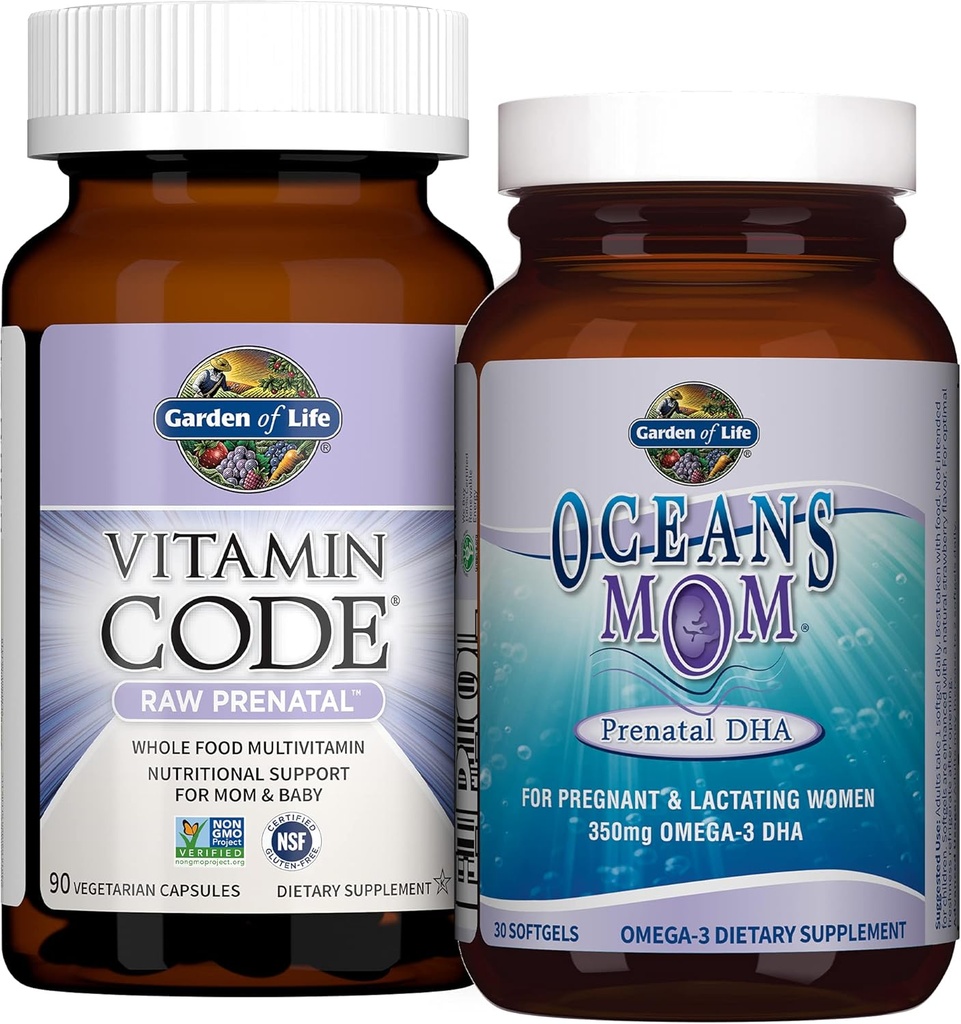 Have af liv Prenatal Multi + DHA Bundle: Vitamin Code Raw Prenatal Multivitamin med folat, 90 Vegetariske Kapsler Plus Oceans mor DHA Når dagligt, 350mg DHA Fish Oil, 30 Strawberry Softels