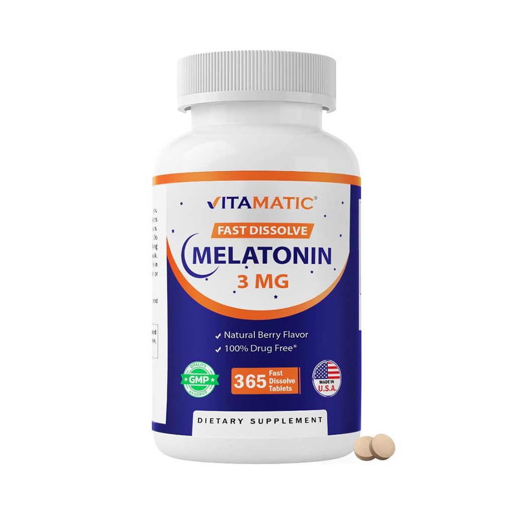 Vitamatisk melatonin 3 mg tabletter á 124; vegetarisk, non- GMO, gluten fri Tabletter