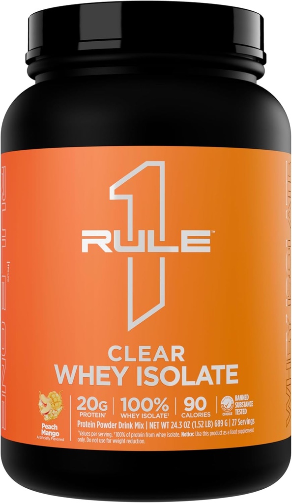 Regel 1 Clear Whey Isolate - 20g All- valle isolat protein, over 9g EAA, 300mg af elektrolytmineraler, 90 kalorier, lys, Crisp, og genopfriskning smag (27 Servere, Peach Mango)
