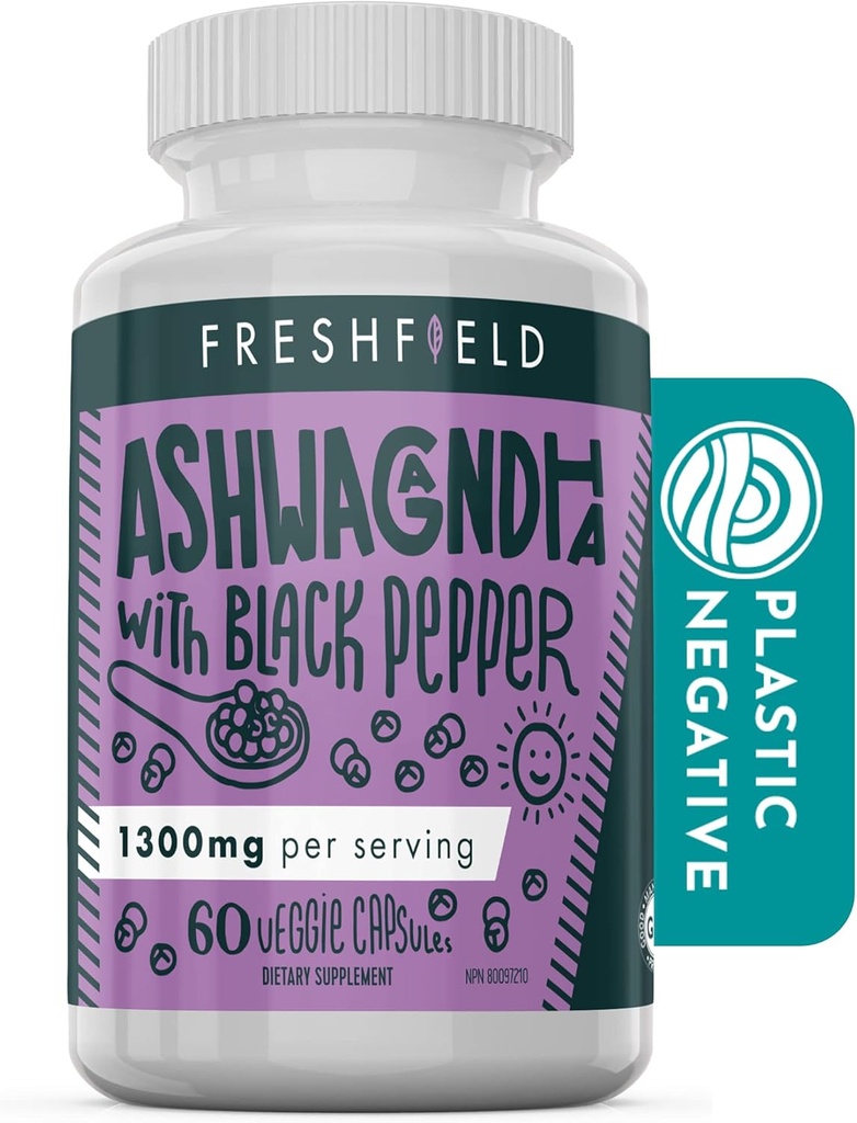 Freshfield Ashwagandha med sort peber. Vegansk venligt supplement til binyrebarkinsufficiens, muskelhukommelse, skjoldbruskkirtel og styrke. Alle naturlige 1300mg kapsler