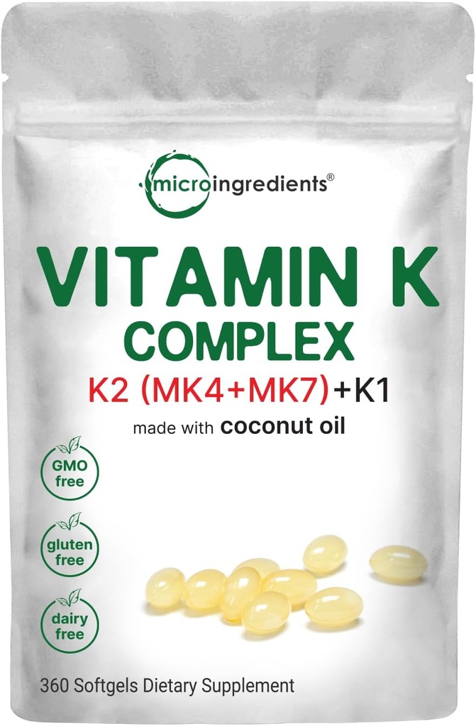 Mikroingredienser Super vitamin K Complex (K2 MK7 + MK4 & K1), 360 Coconut Oil Softgles against 124; Nemt Absorberet K Vitaminer, Aktiv Menaquinone Complex 124; Immunation, Fælles, & Heart Support