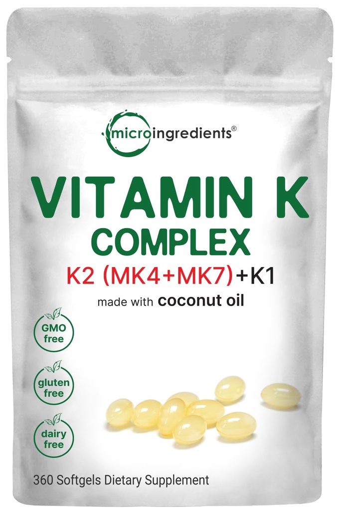 Mikroingredienser Super vitamin K Complex (K2 MK7 + MK4 & K1), 360 Coconut Oil Softgles against 124; Nemt Absorberet K Vitaminer, Aktiv Menaquinone Complex 124; Immunation, Fælles, & Heart Support