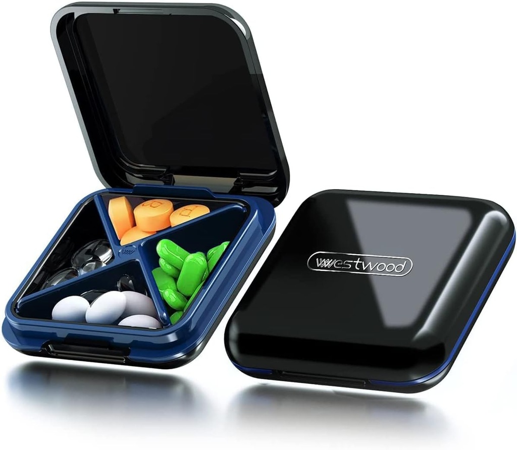 Sort 4-Segment Vandtæt Pill Box Organizer - Rejse Portable Medicine Box, BPA Free Pill Container for Vitaminer, Fiskeolier, Kosttilskud