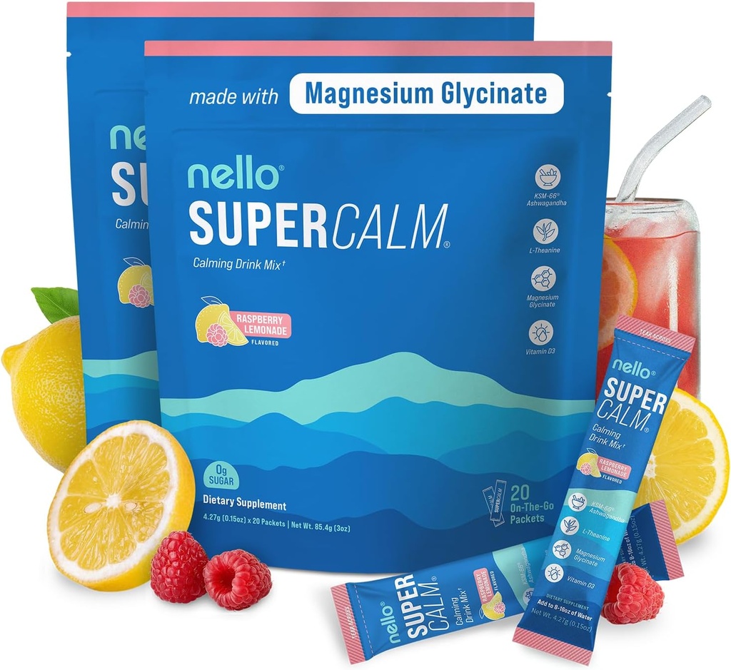 Nello Superrolige pulveriserede drik mix, Raspberry Lemonade, L Theanine, Ksm- 66 Ashwagandha, Magnesium Glycinat, D-vitamin 3, Kosttilskud til afslapning & fokus, Ingen sukker, ikke GMO, On The Go, (2-Pack)